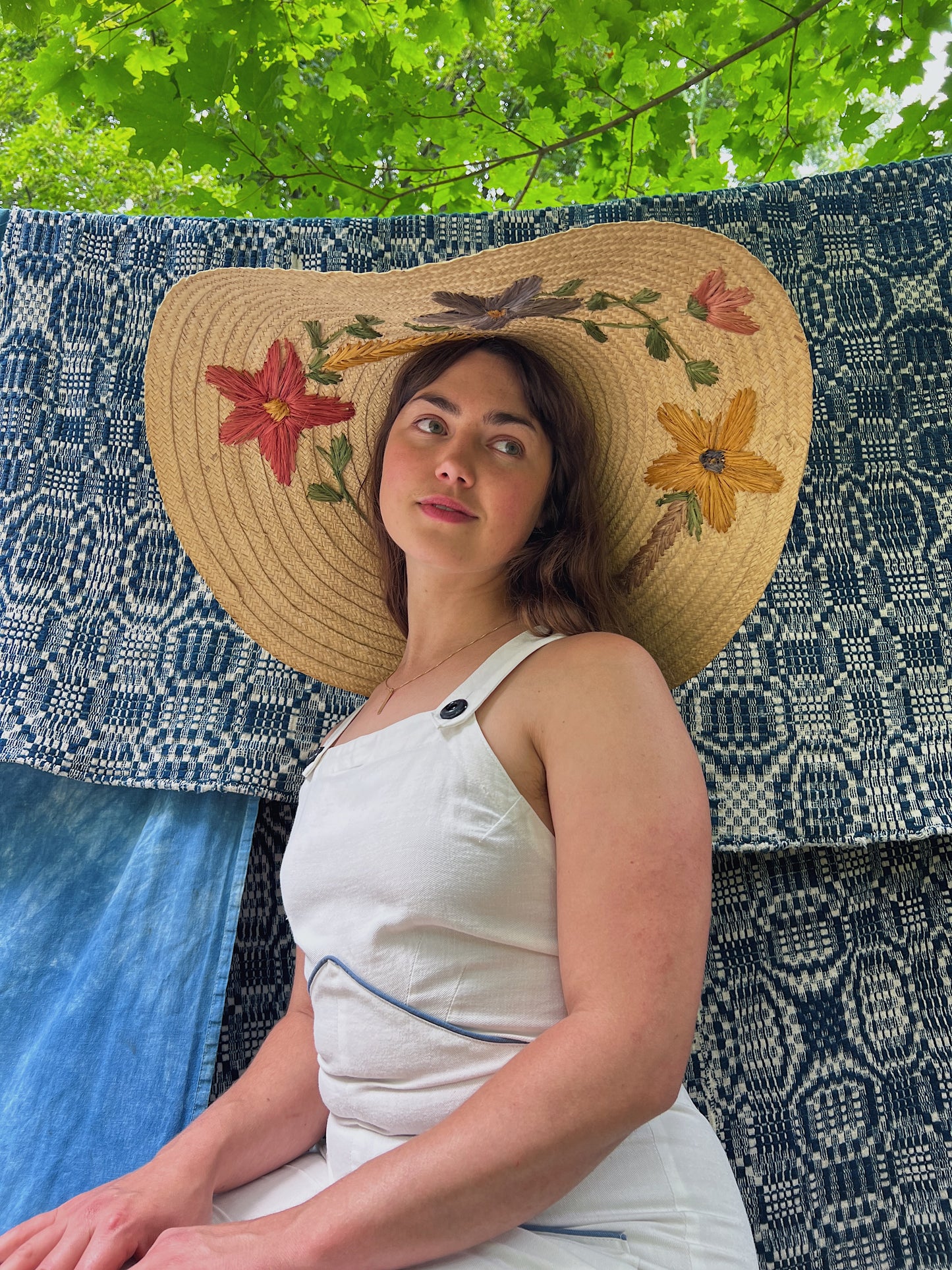 Huge 1940s Straw Floppy Sun Hat With Floral Embroidery