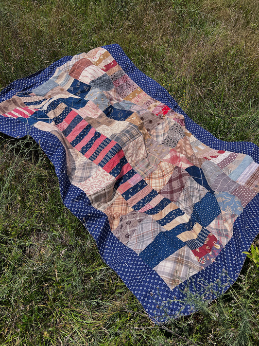 Antique Lightweight Hand-Tied Quilt With Lots Of Indigo Calico