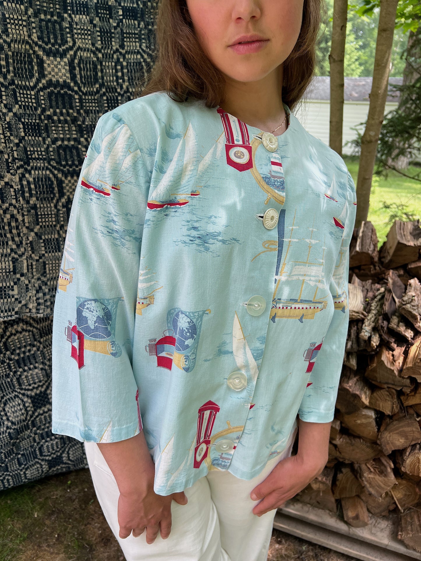 1930s Boxy Cotton Top With Nautical Scene