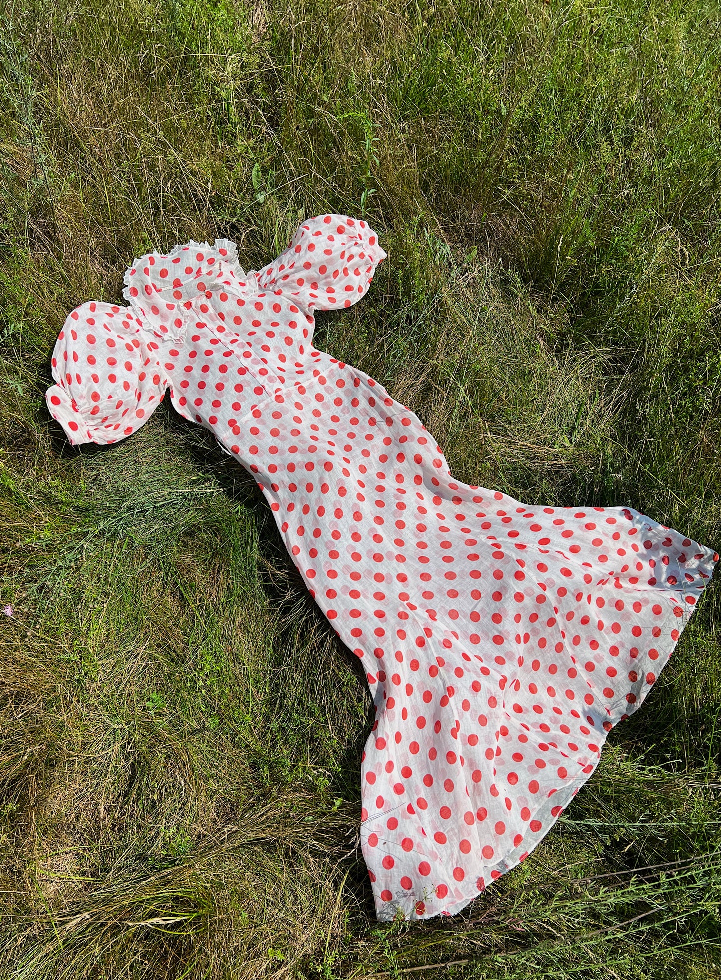 1930s Full Length Sheer Organza Polka Dot Day Dress With Super Puff Sleeves