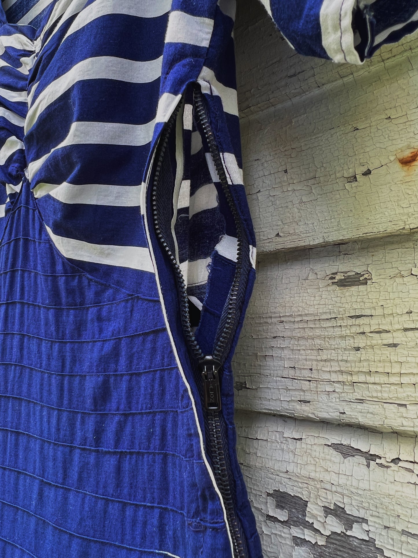 30s/40s Cotton Striped Navy & White Dress With Puff Sleeves & Pintucks