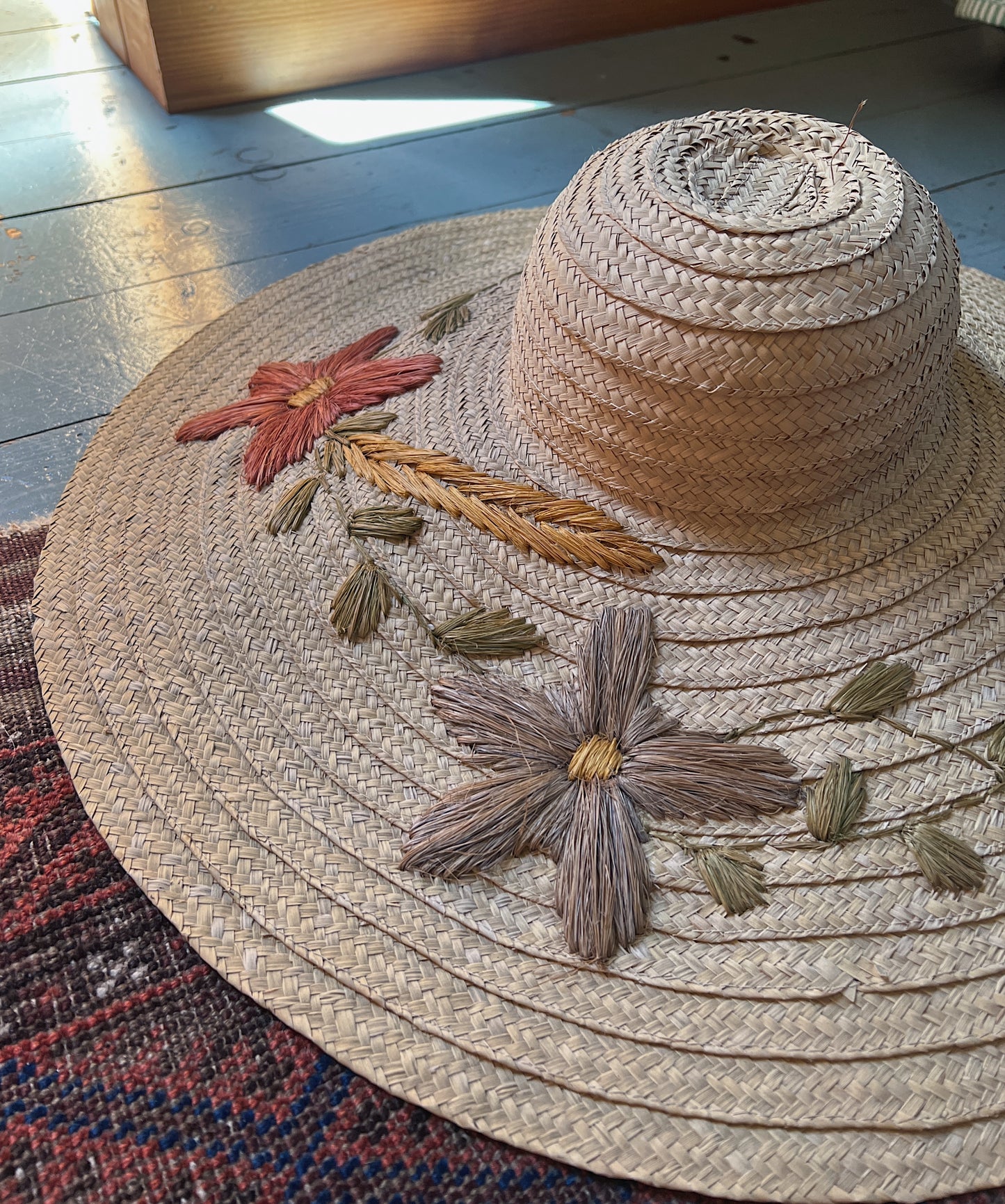Huge 1940s Straw Floppy Sun Hat With Floral Embroidery