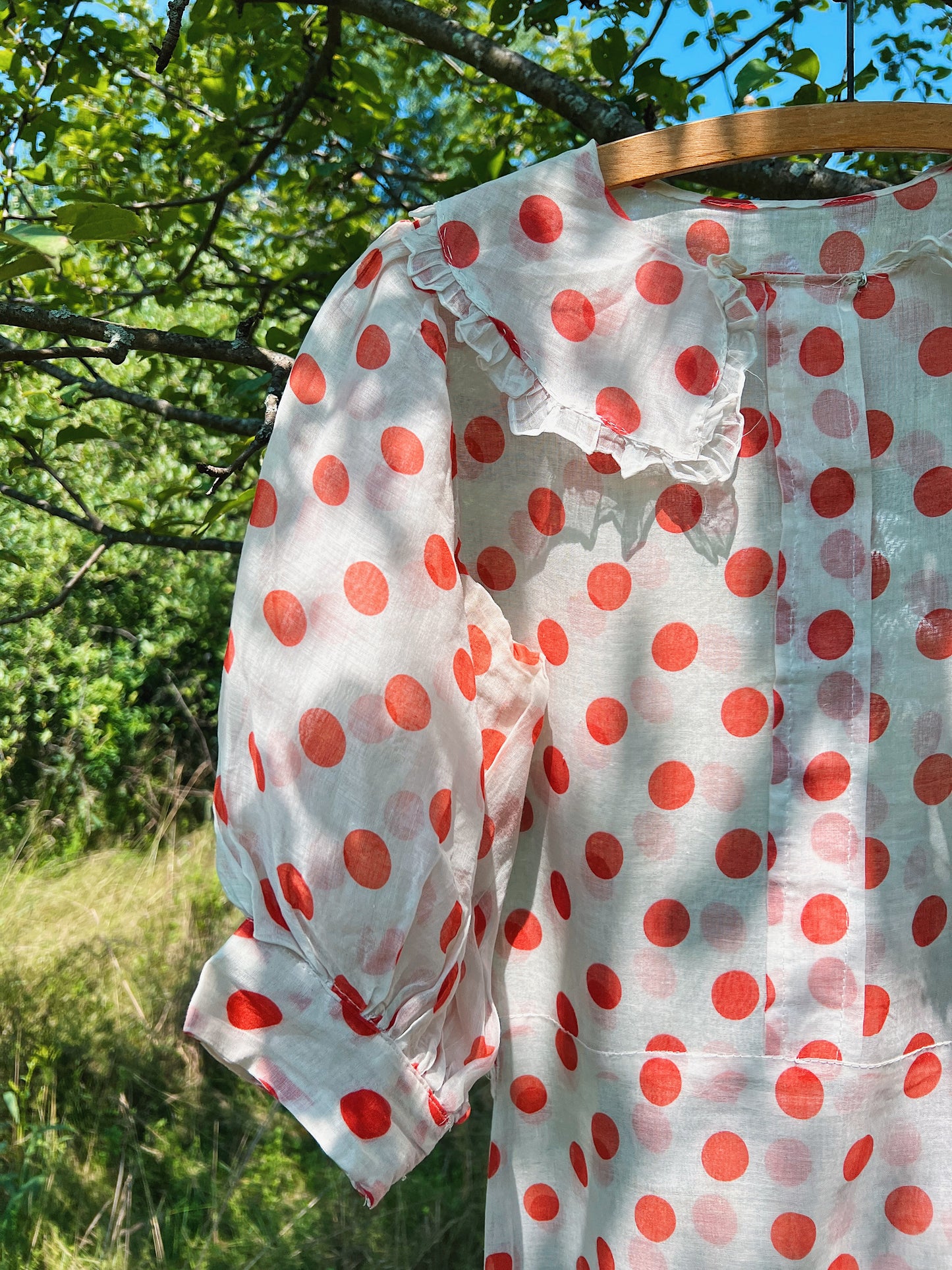 1930s Full Length Sheer Organza Polka Dot Day Dress With Super Puff Sleeves
