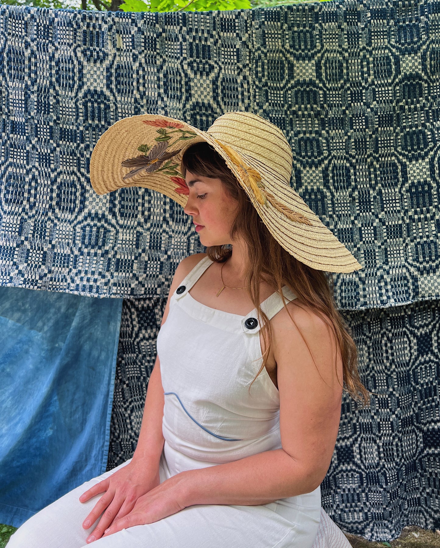 Huge 1940s Straw Floppy Sun Hat With Floral Embroidery
