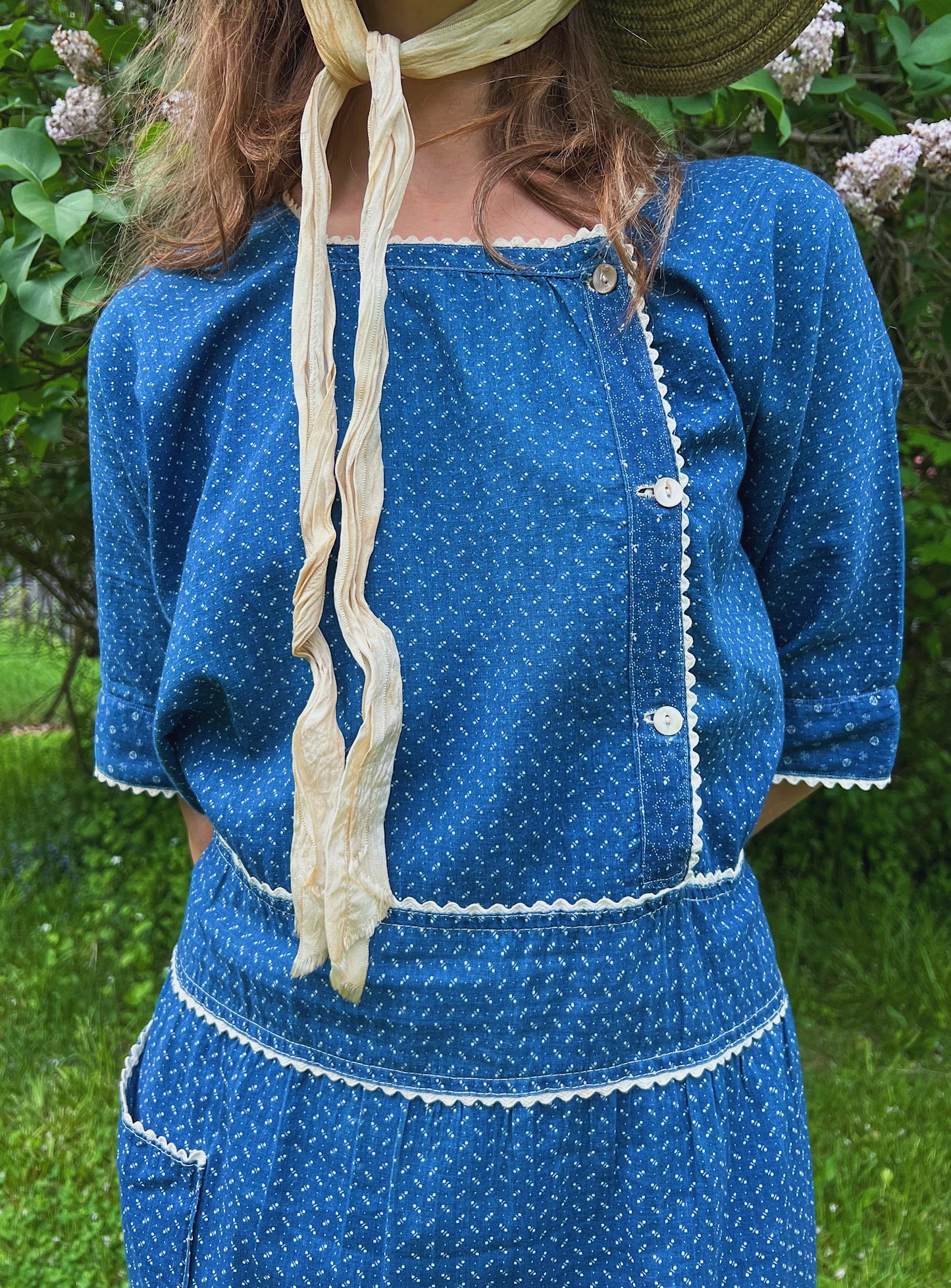 1920s Indigo Calico Work Dress