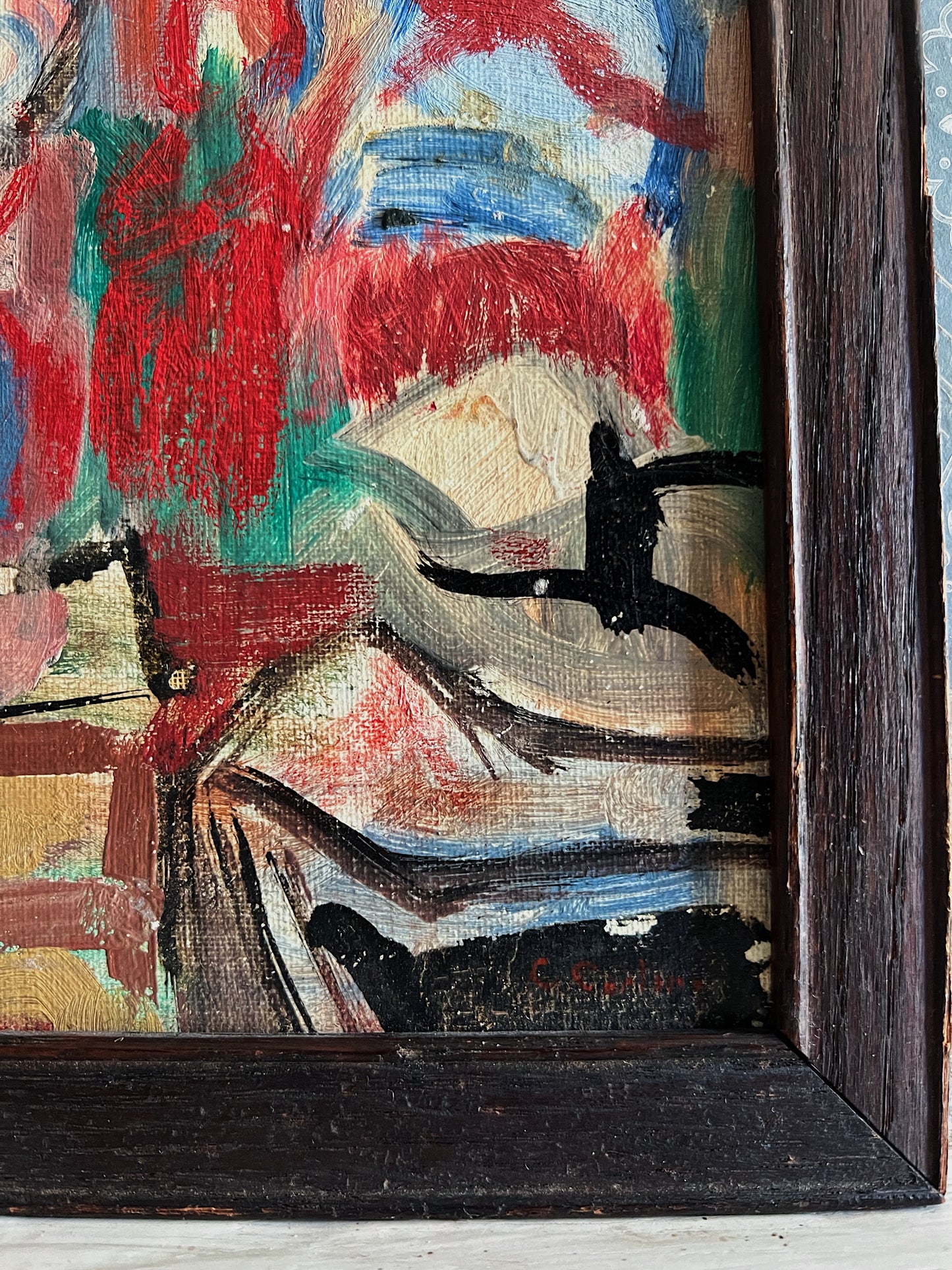 Abstract Oil On Board Painting Of Two Figures, Framed & Signed