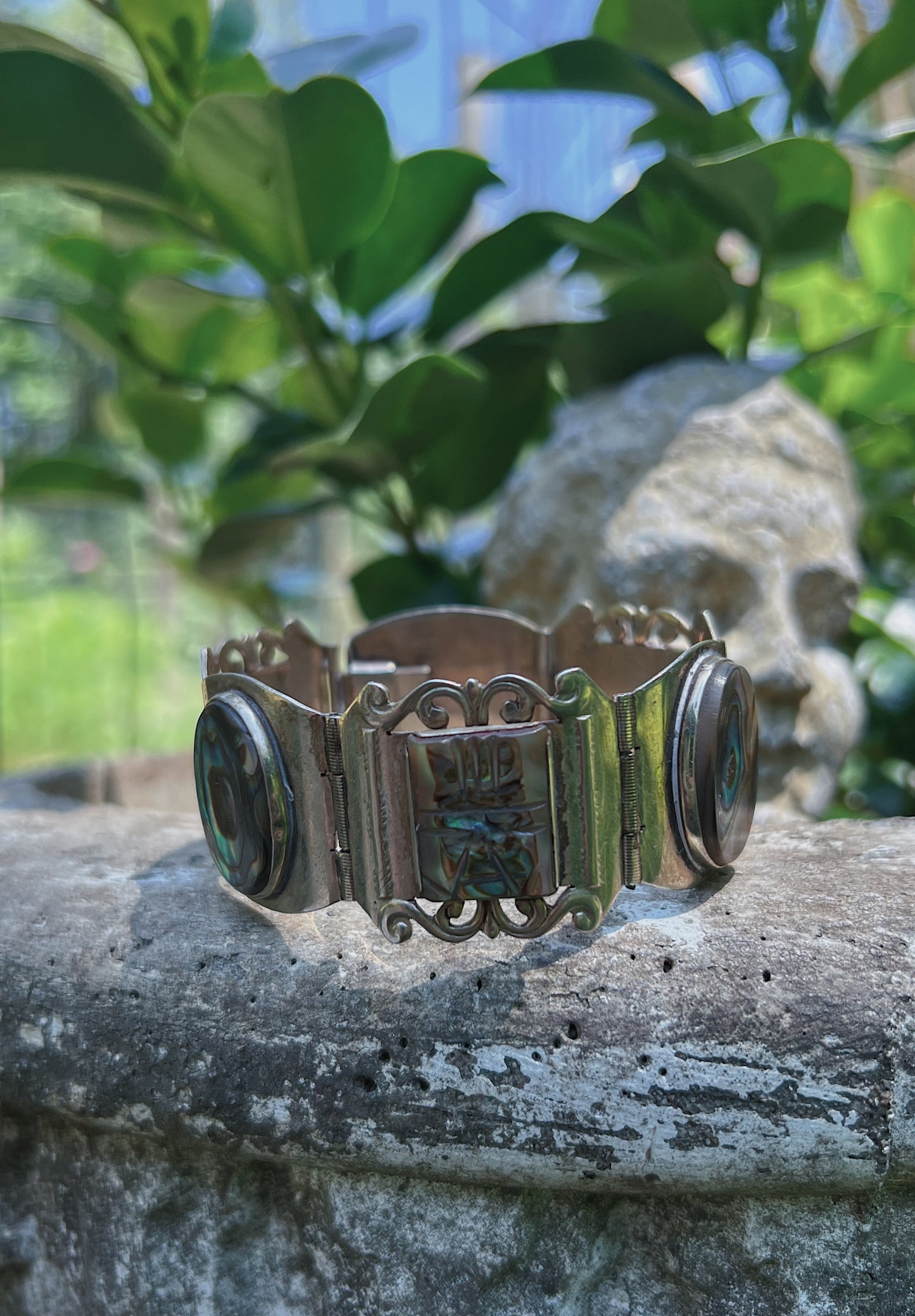 1950s Taxco Sterling Silver Carved Abalone Panel Bracelet