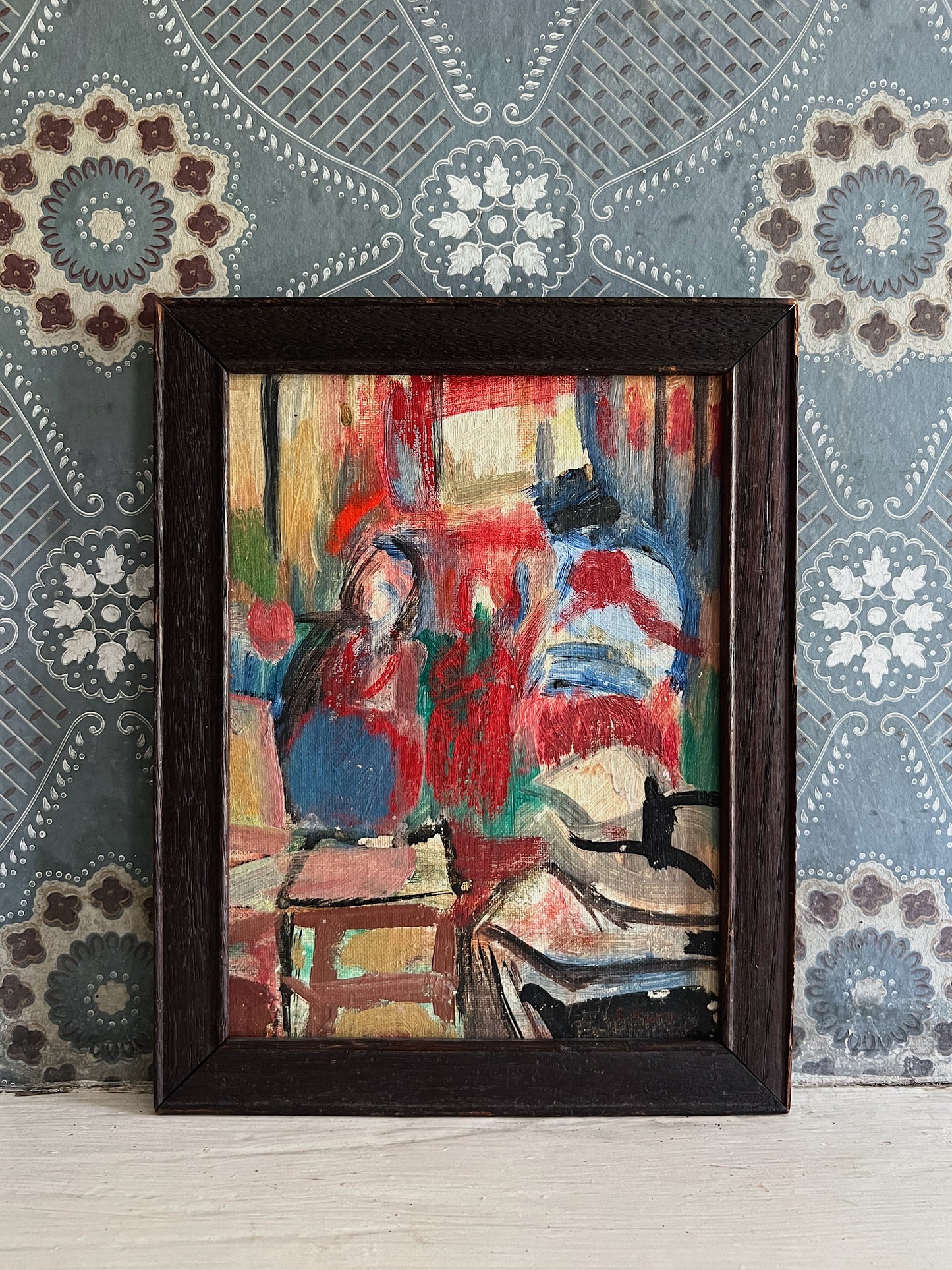 Abstract Oil On Board Painting Of Two Figures, Framed & Signed