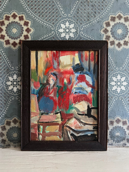 Abstract Oil On Board Painting Of Two Figures, Framed & Signed