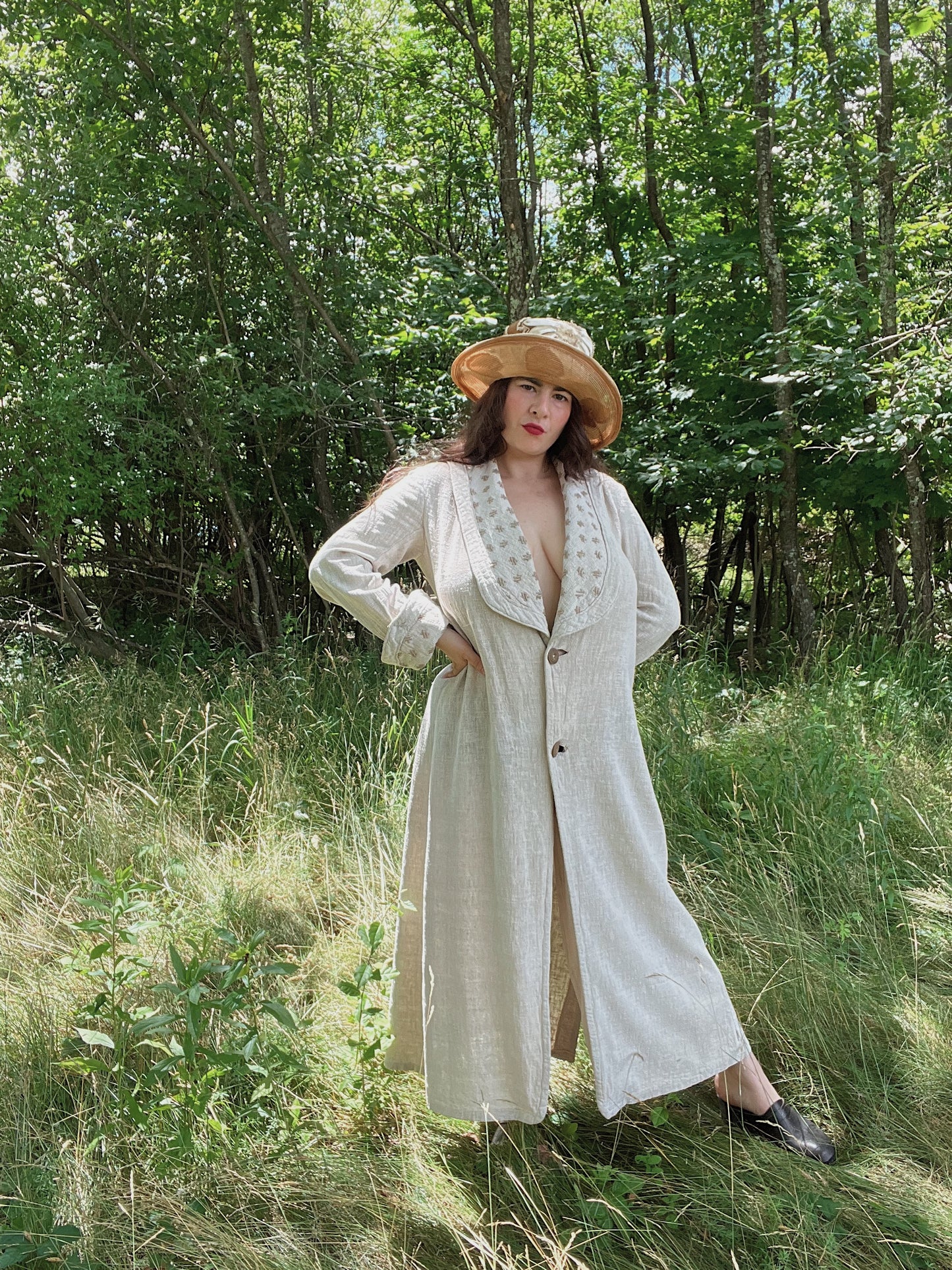 1910s Flax Linen Motoring Duster With Shawl Collar