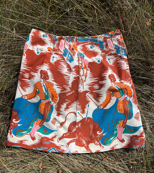 Novelty Print Cotton Mini Skirt With Bull Fighting Scene