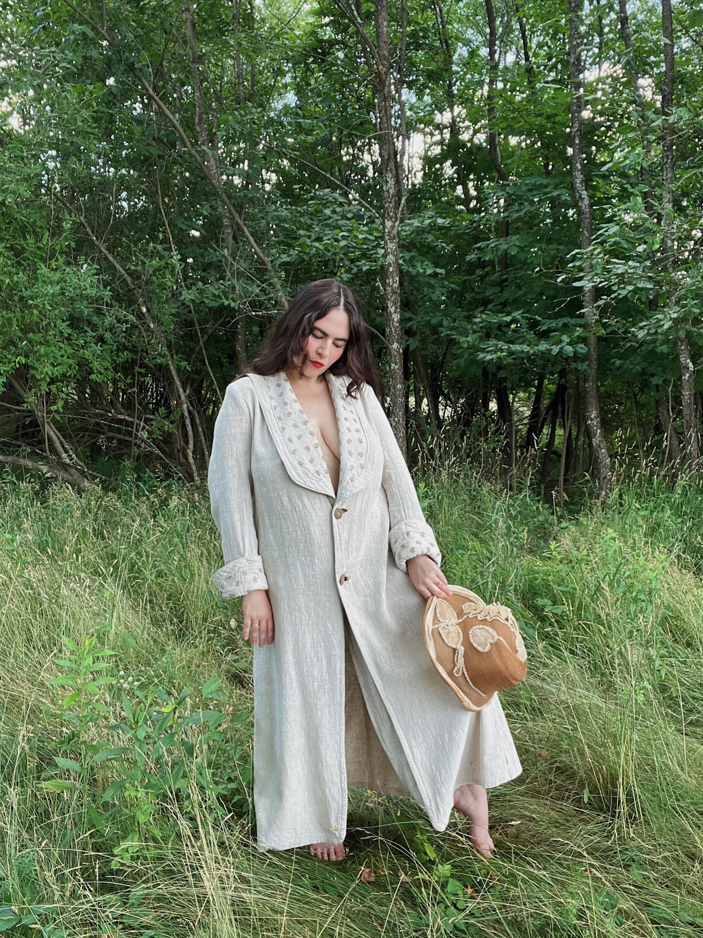 1910s Flax Linen Motoring Duster With Shawl Collar