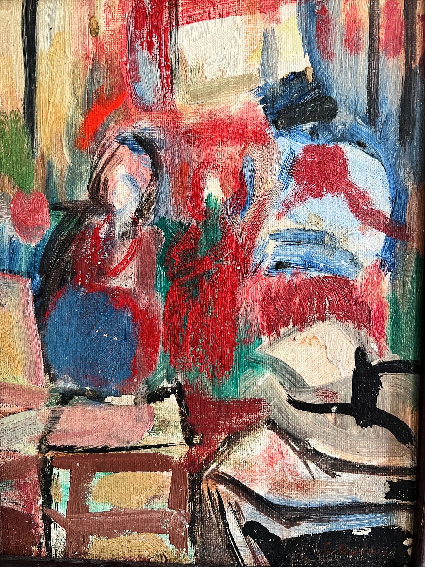 Abstract Oil On Board Painting Of Two Figures, Framed & Signed