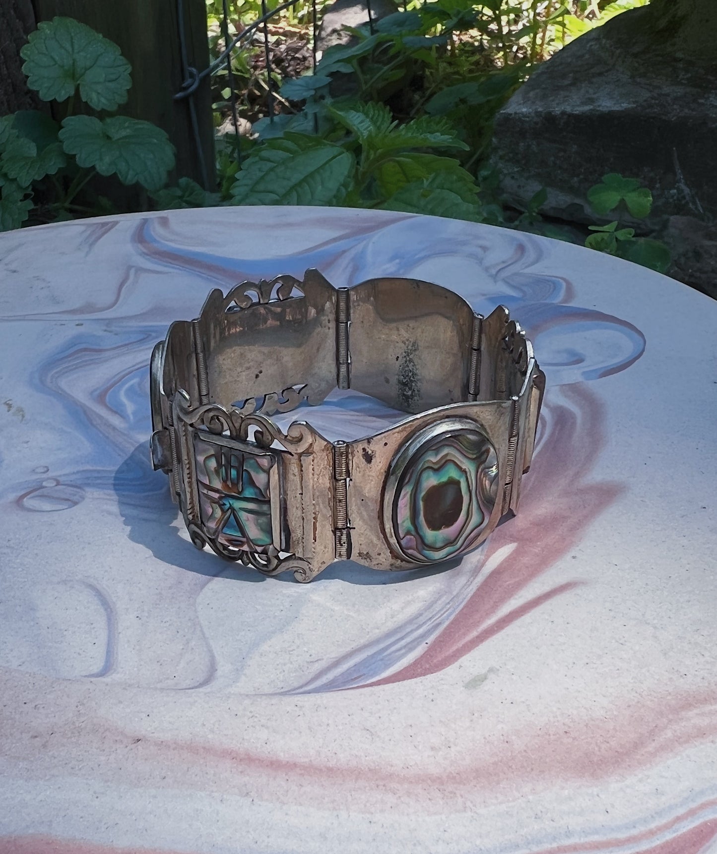 1950s Taxco Sterling Silver Carved Abalone Panel Bracelet