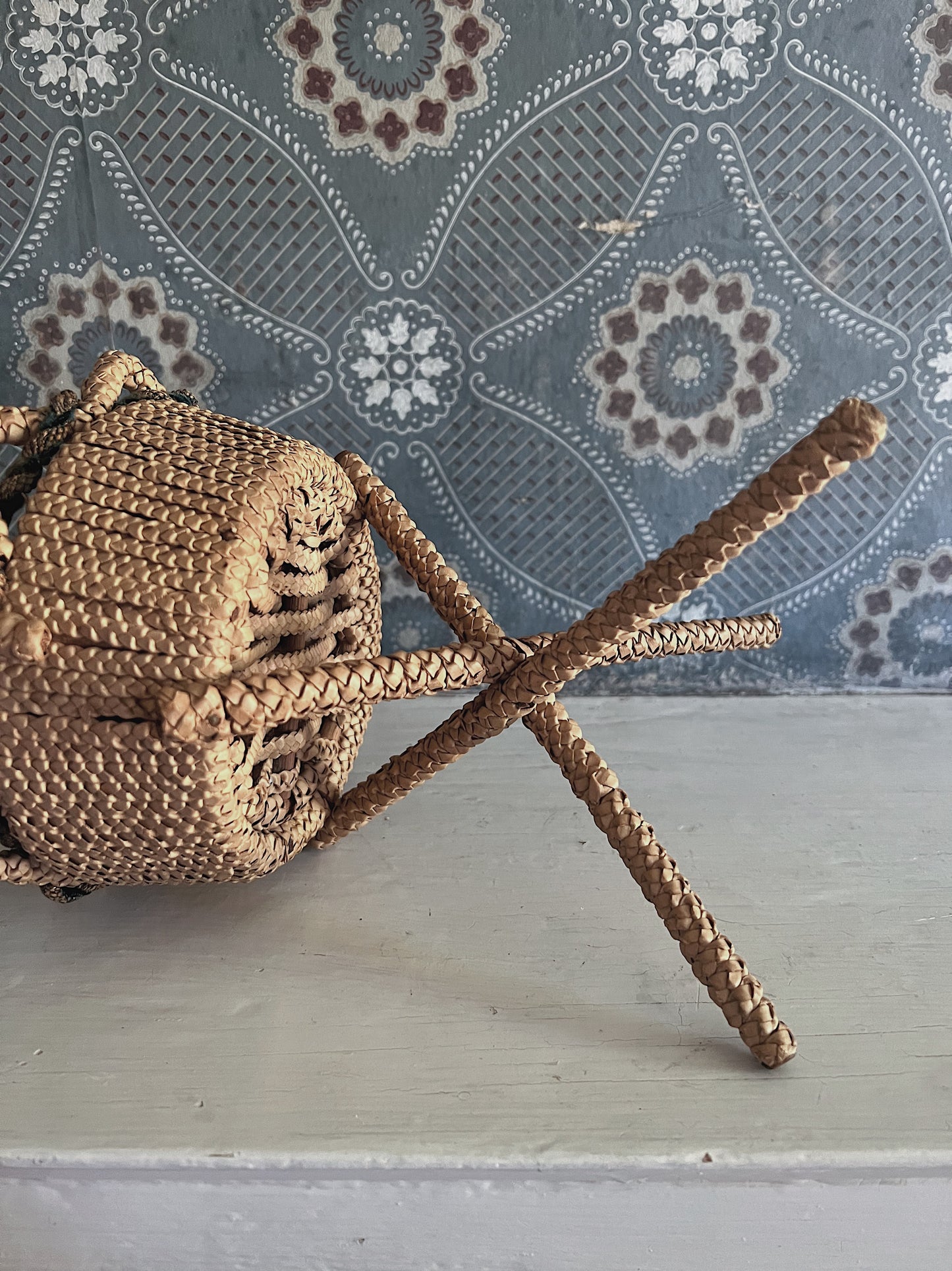 Victorian Era Handwoven Folk Art Yarn Basket