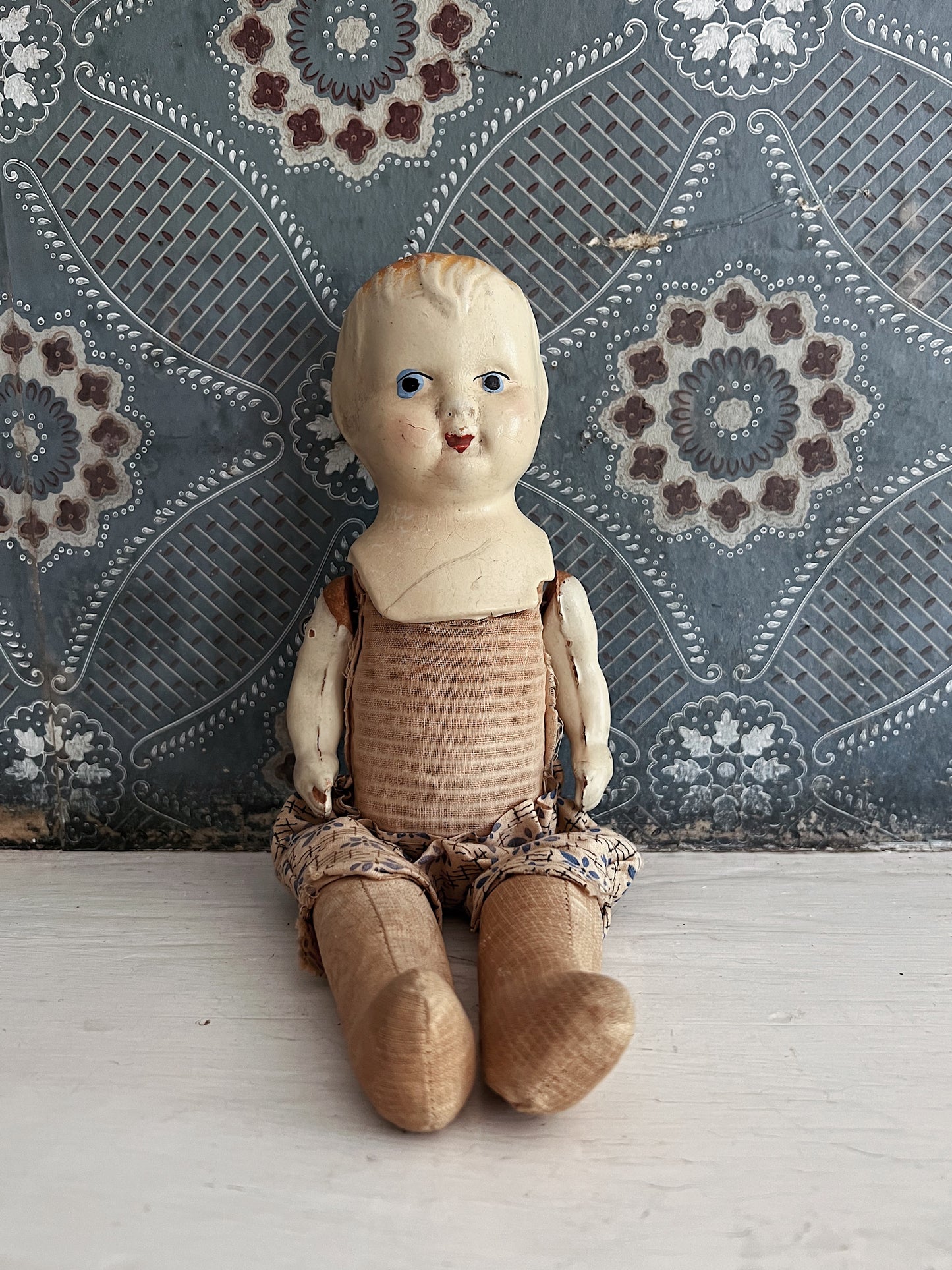Depression Era Composition Baby Doll In Floral Bloomers
