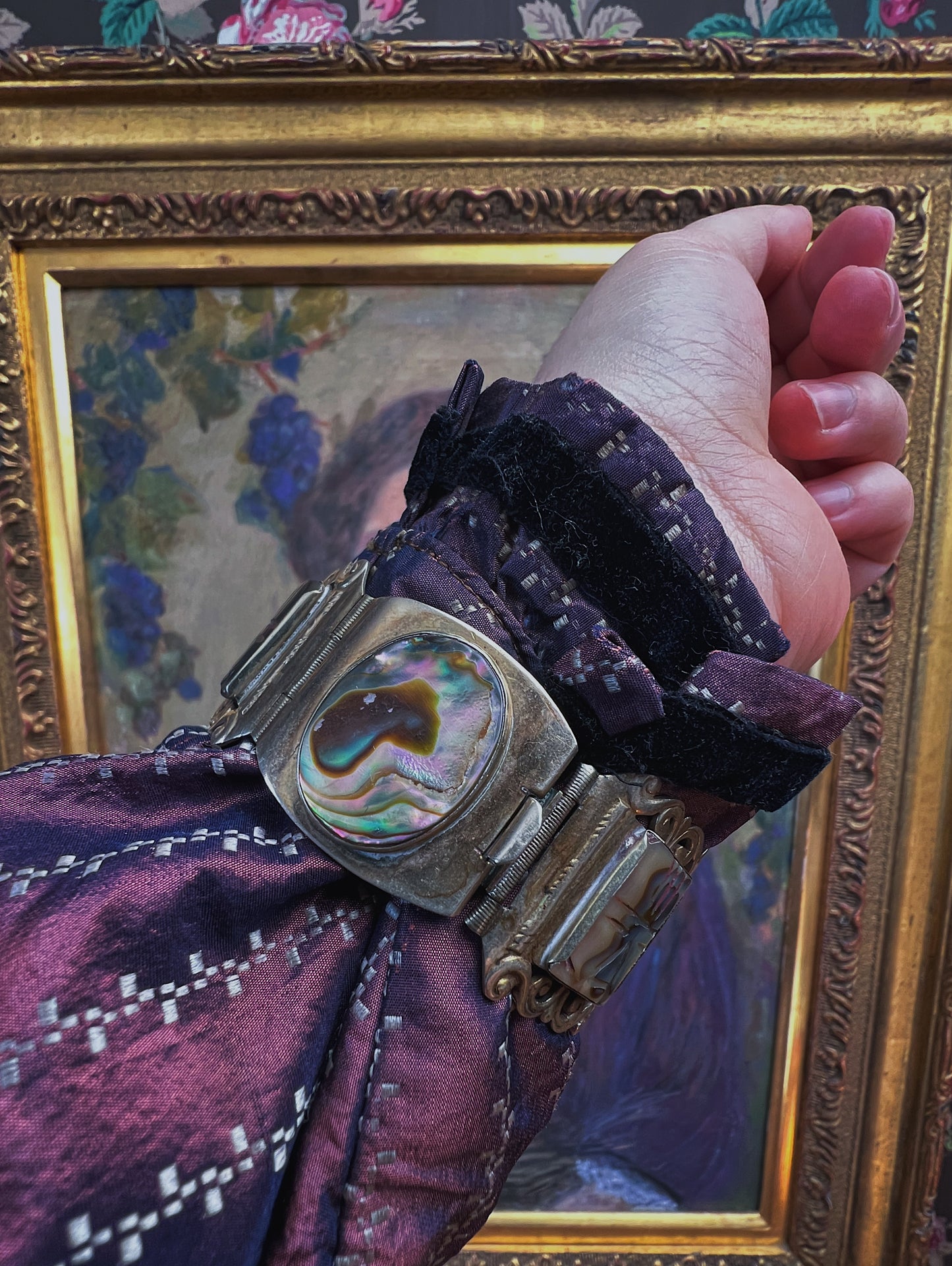 1950s Taxco Sterling Silver Carved Abalone Panel Bracelet