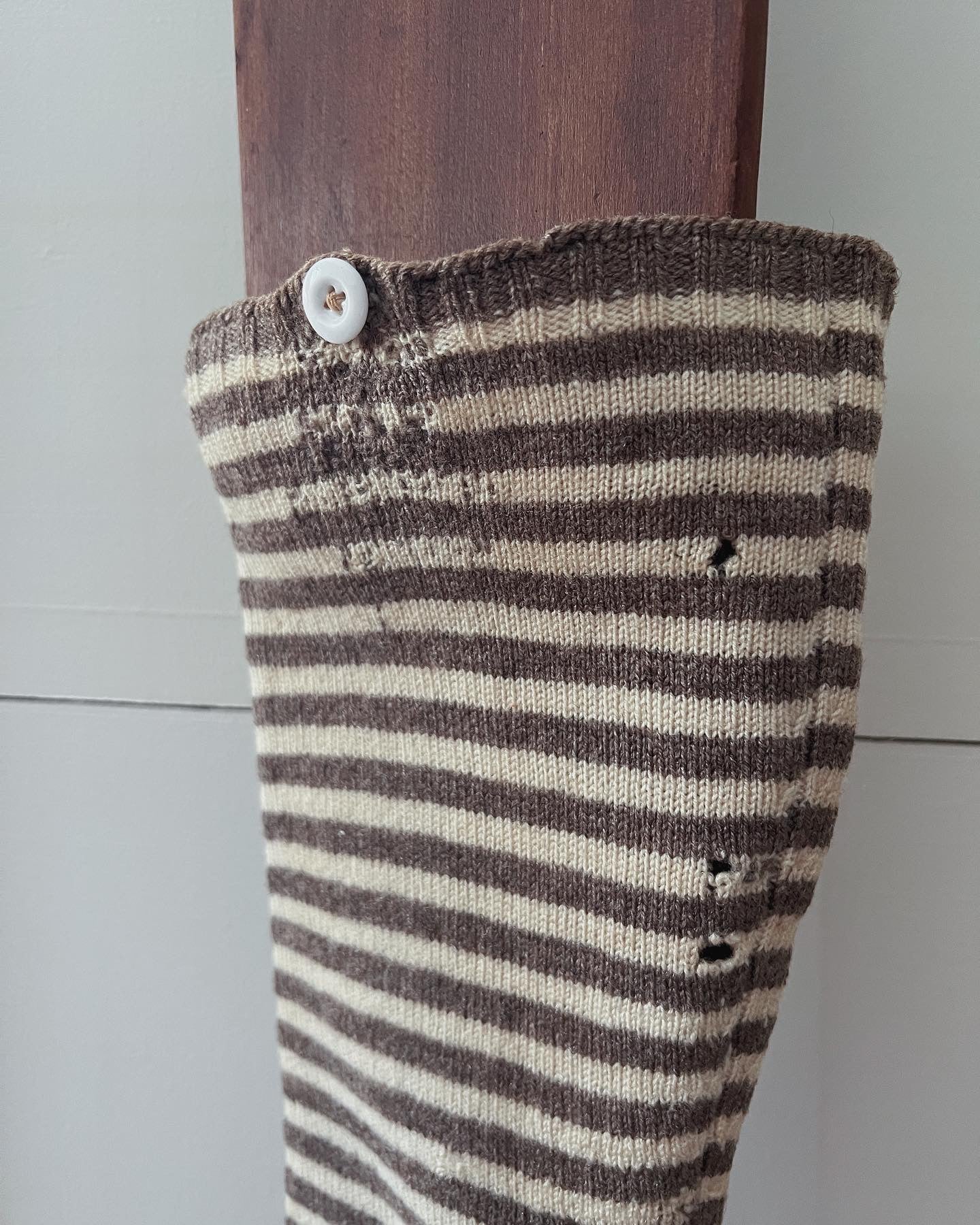 Antique Striped Natural Wool Stockings With Original Mends