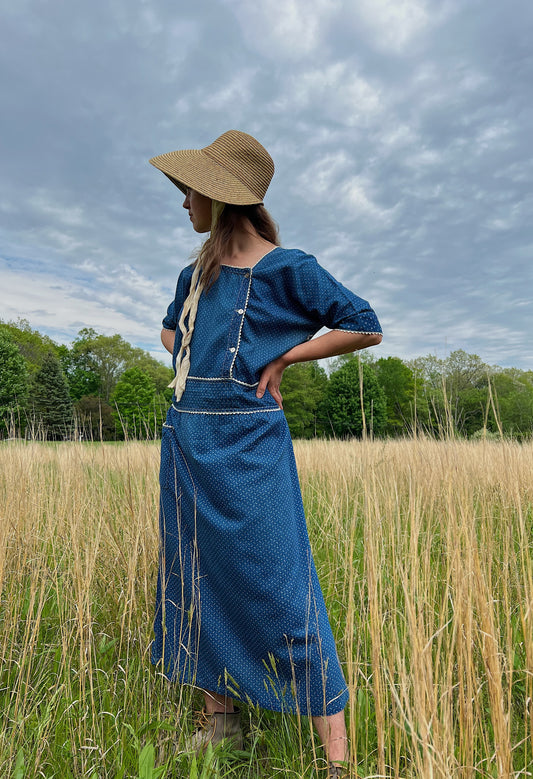 1920s Indigo Calico Work Dress