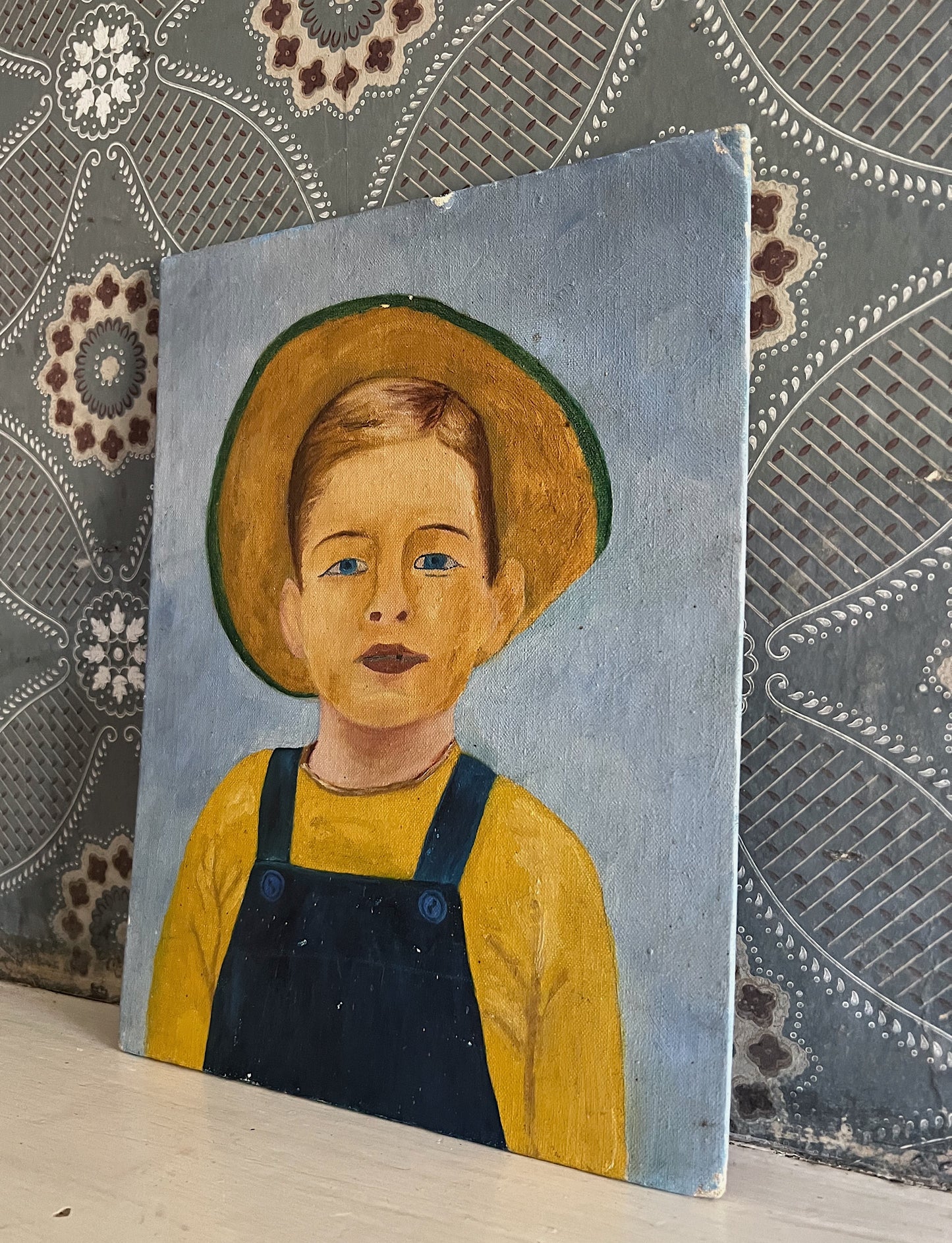 1937 Folk Art Farm Boy, Oil On Board 9” x 12”