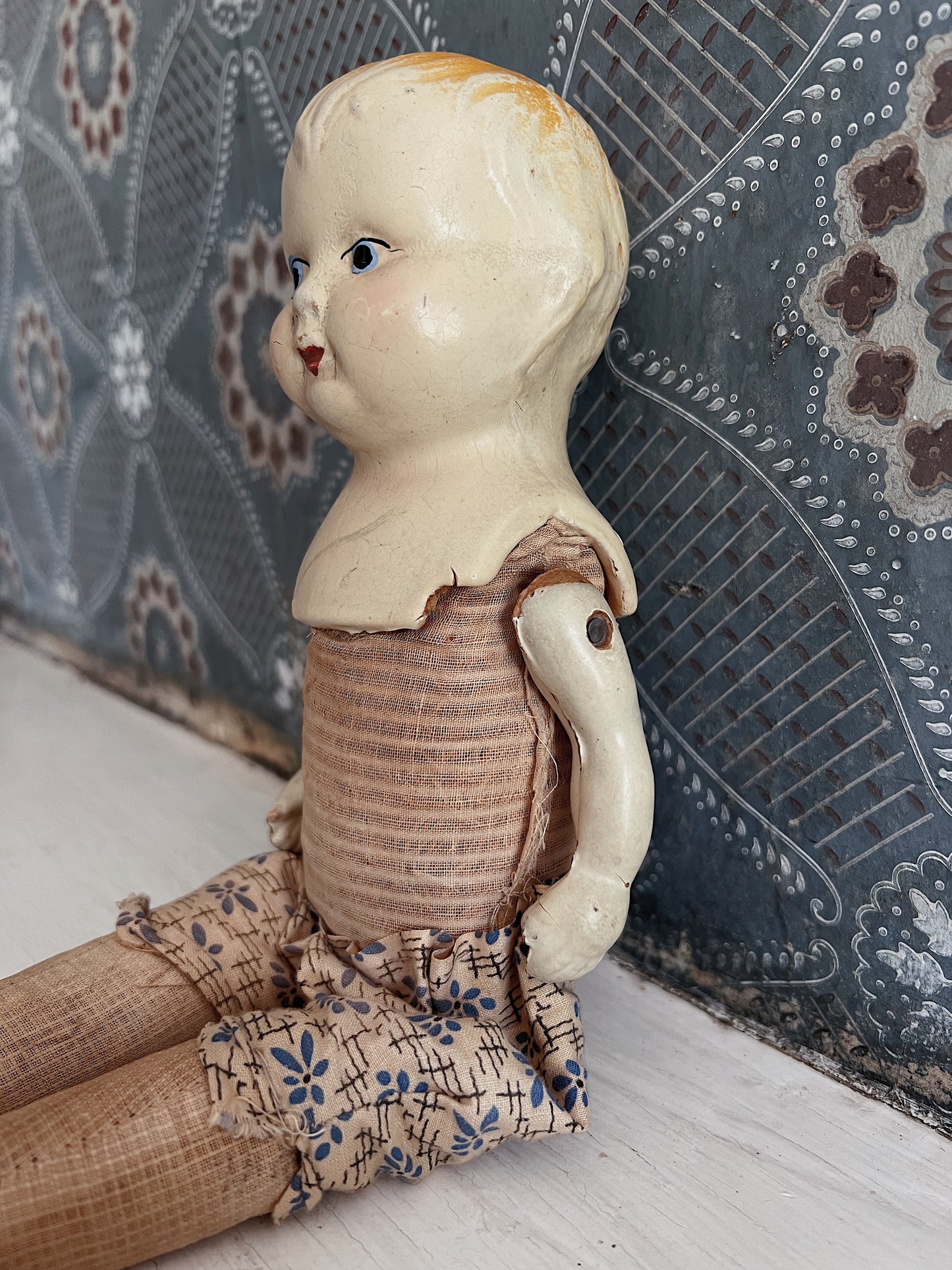 Depression Era Composition Baby Doll In Floral Bloomers