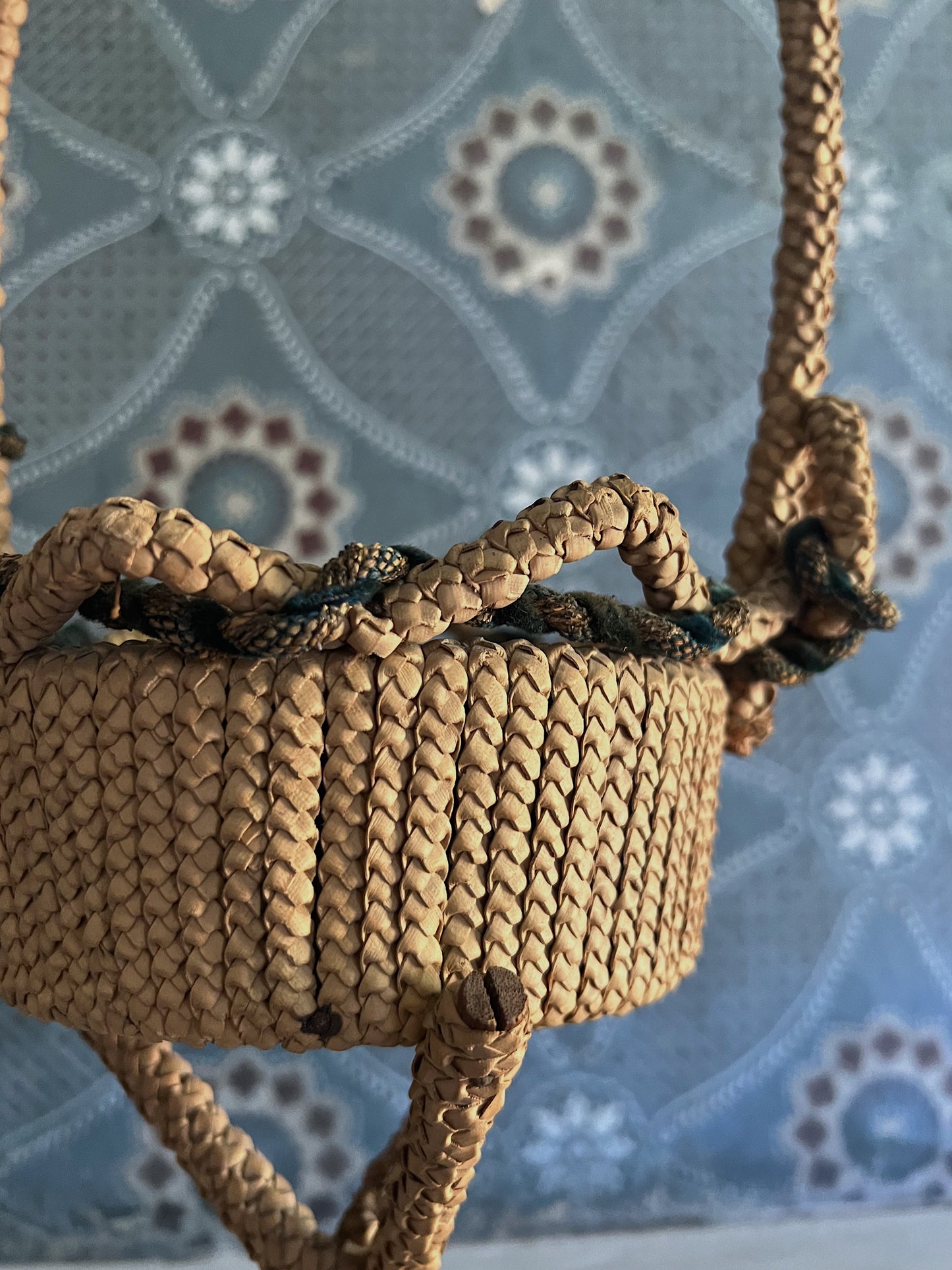 Victorian Era Handwoven Folk Art Yarn Basket