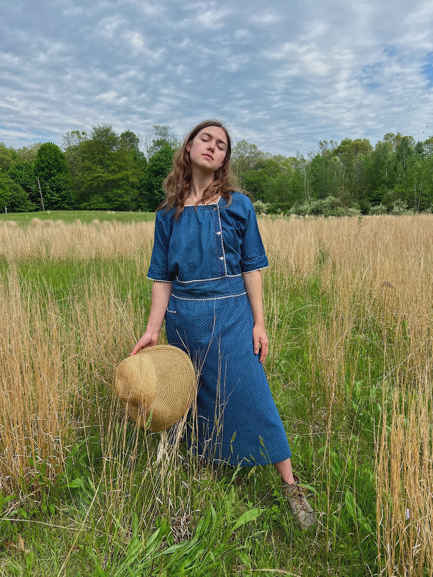 1920s Indigo Calico Work Dress