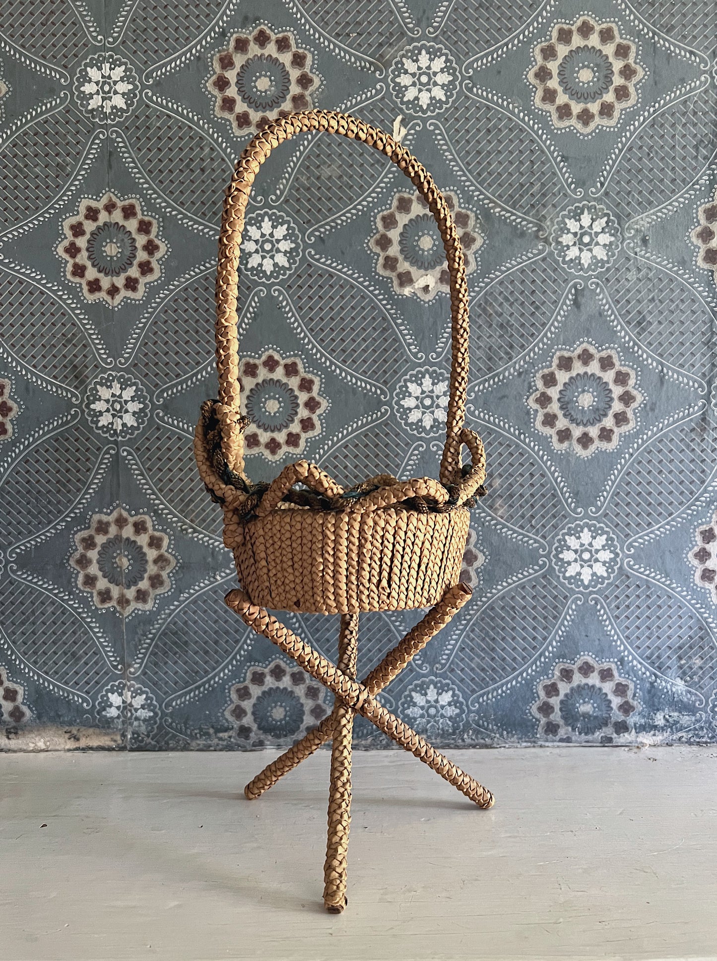 Victorian Era Handwoven Folk Art Yarn Basket