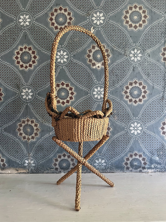 Victorian Era Handwoven Folk Art Yarn Basket