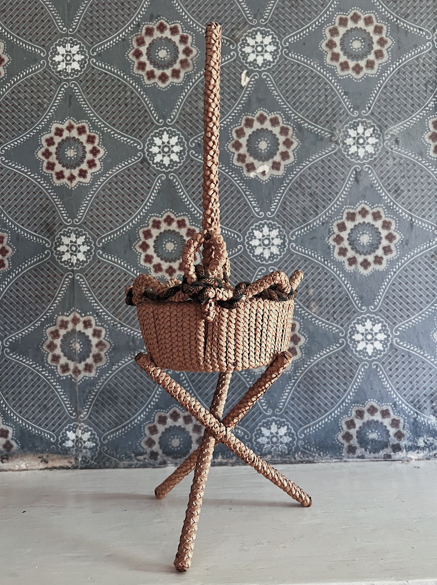 Victorian Era Handwoven Folk Art Yarn Basket