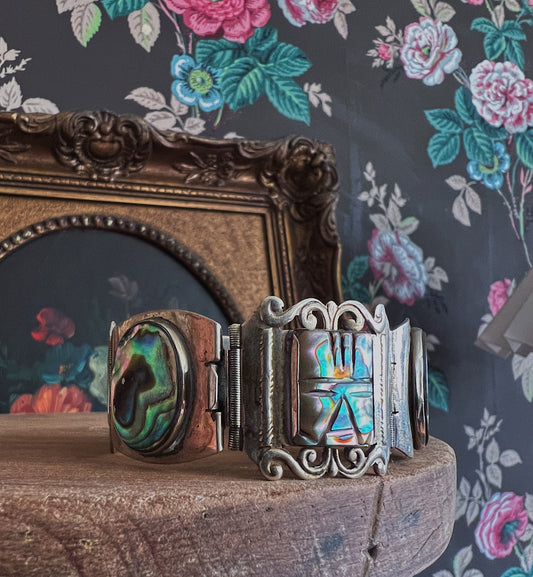 1950s Taxco Sterling Silver Carved Abalone Panel Bracelet