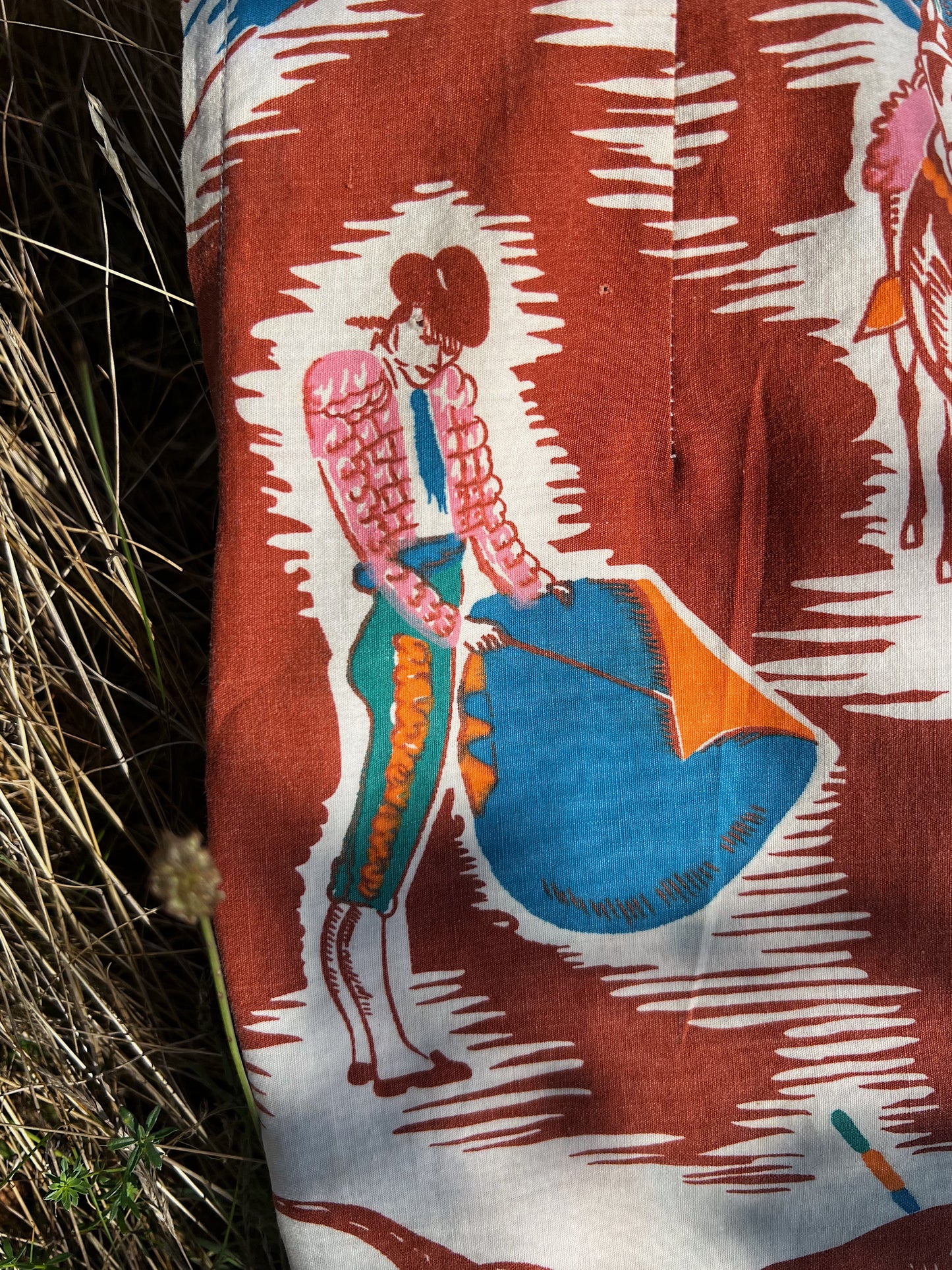 Novelty Print Cotton Mini Skirt With Bull Fighting Scene