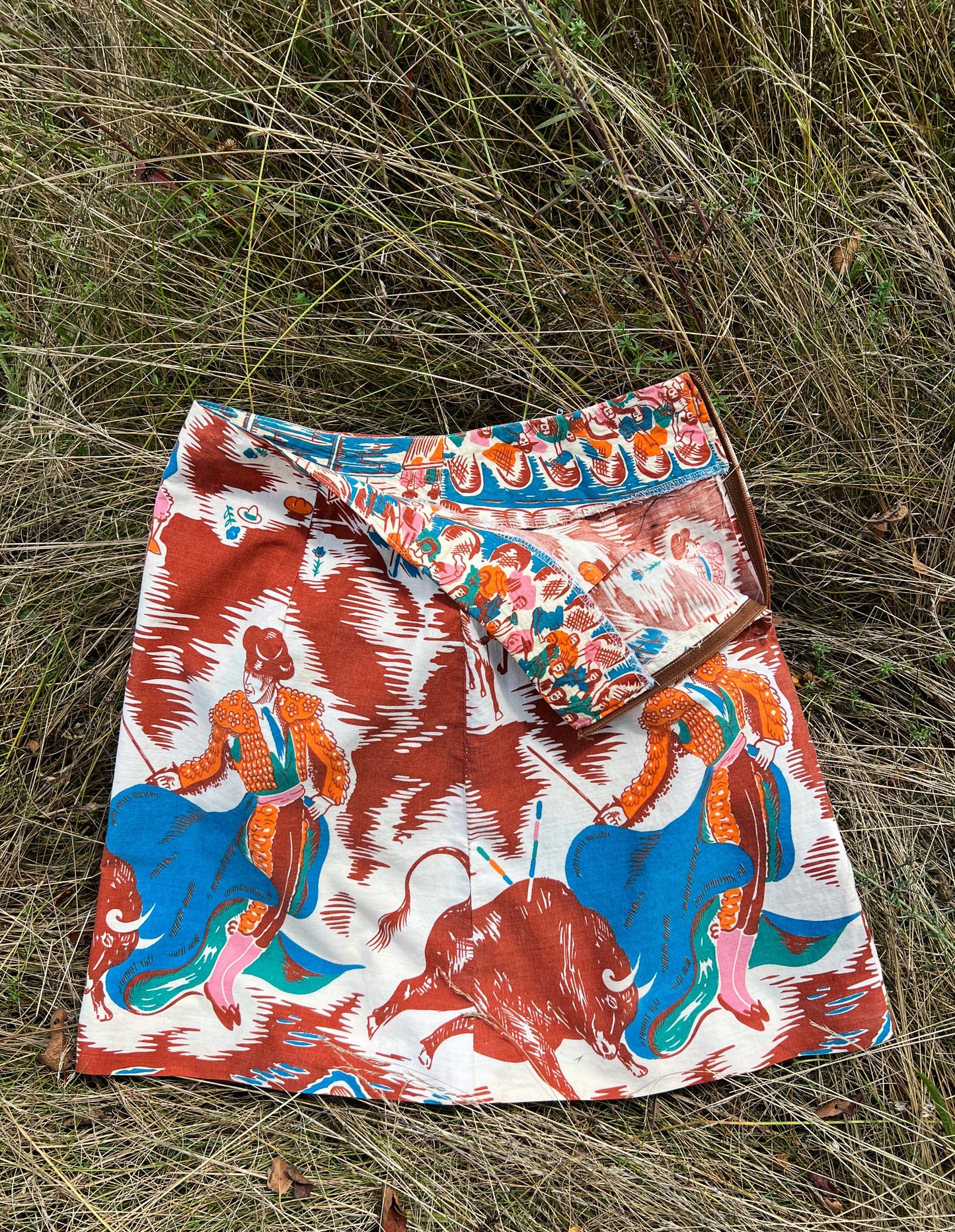 Novelty Print Cotton Mini Skirt With Bull Fighting Scene