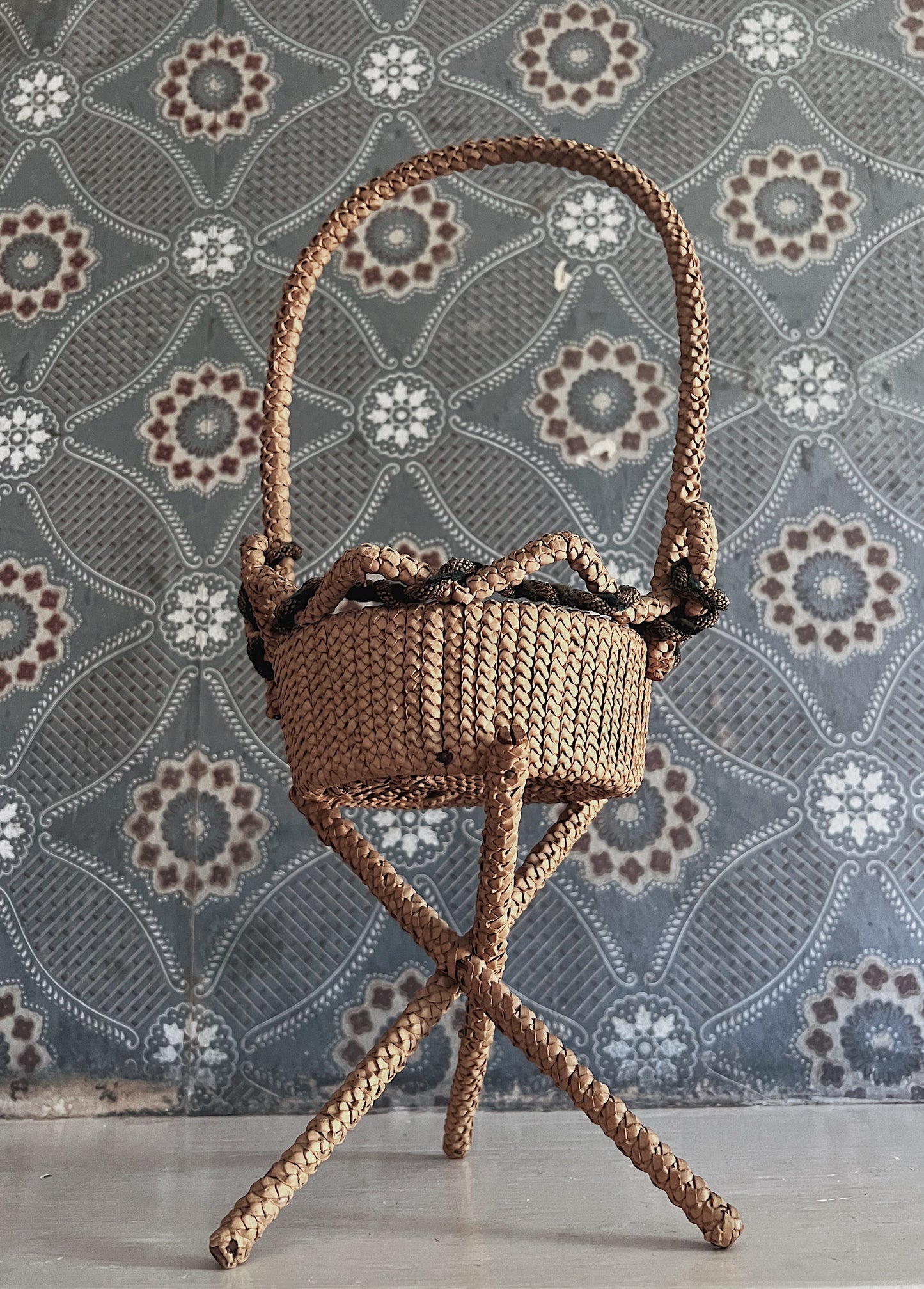 Victorian Era Handwoven Folk Art Yarn Basket