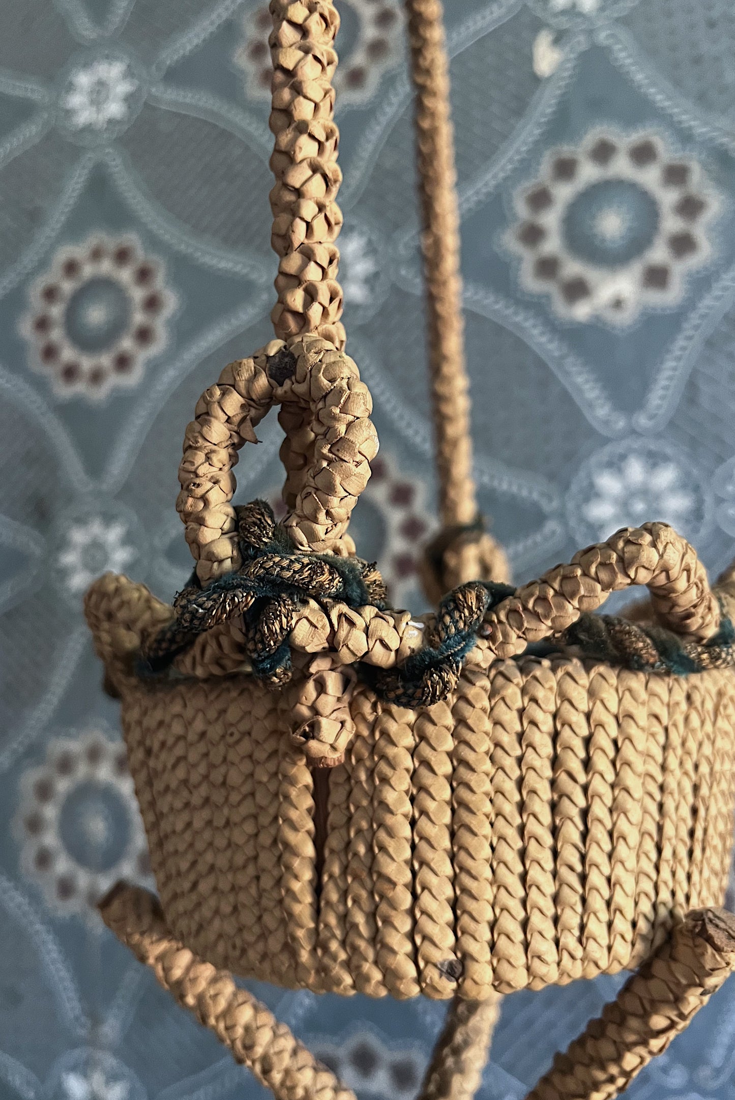 Victorian Era Handwoven Folk Art Yarn Basket