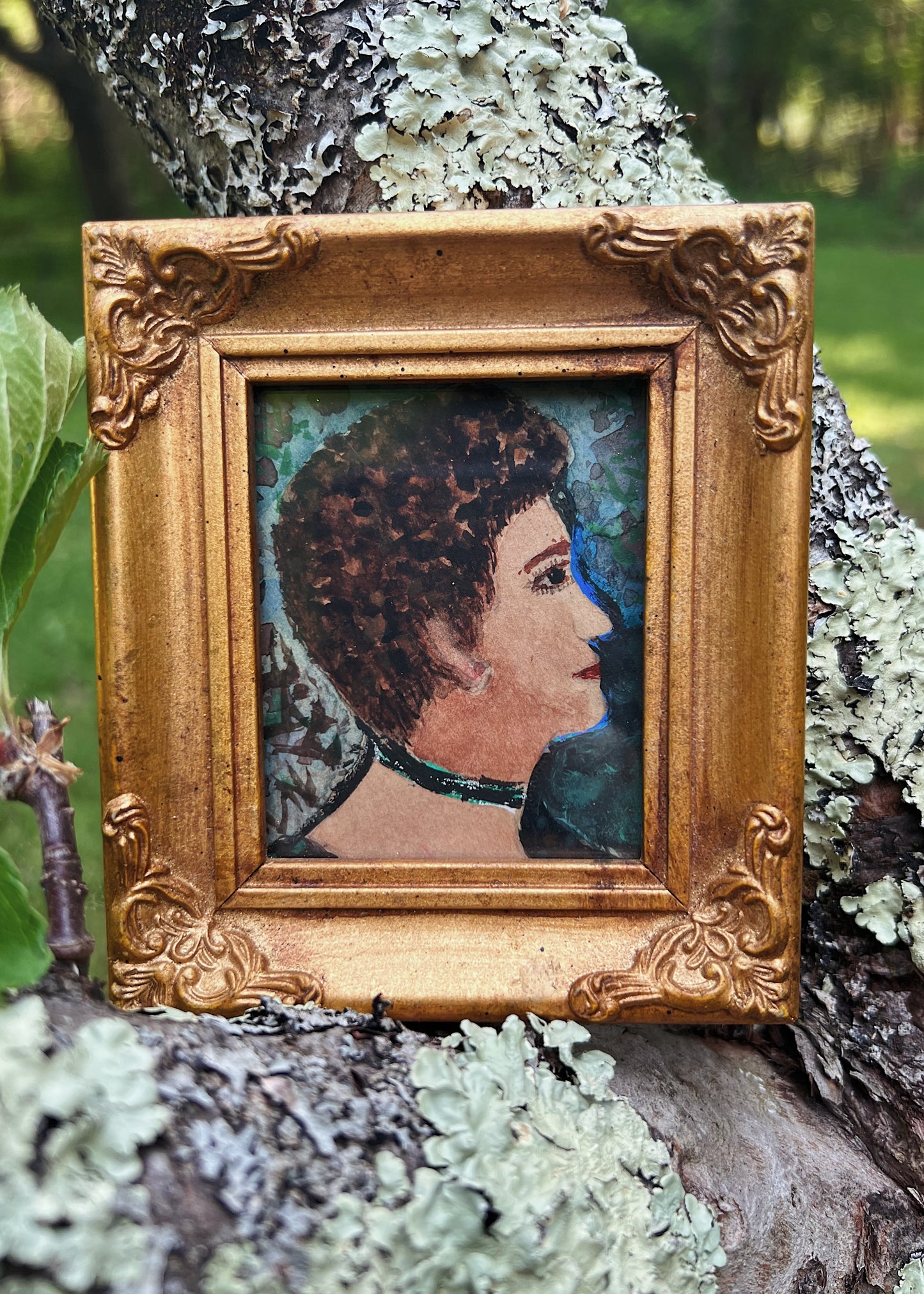 Small Unsigned Gouache Folk Portrait, Side Profile
