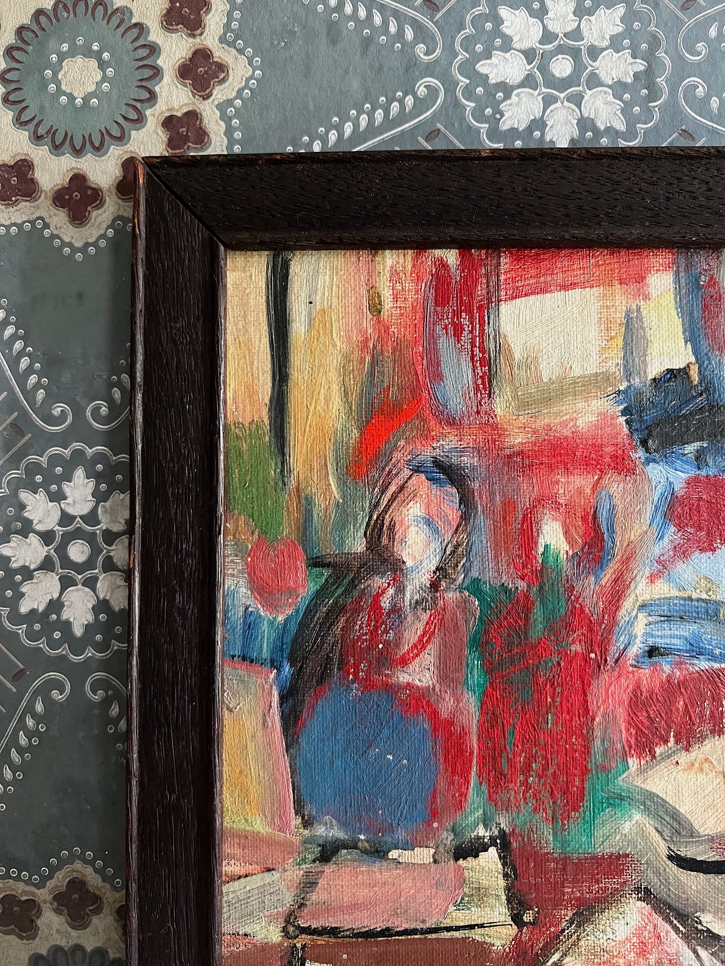Abstract Oil On Board Painting Of Two Figures, Framed & Signed