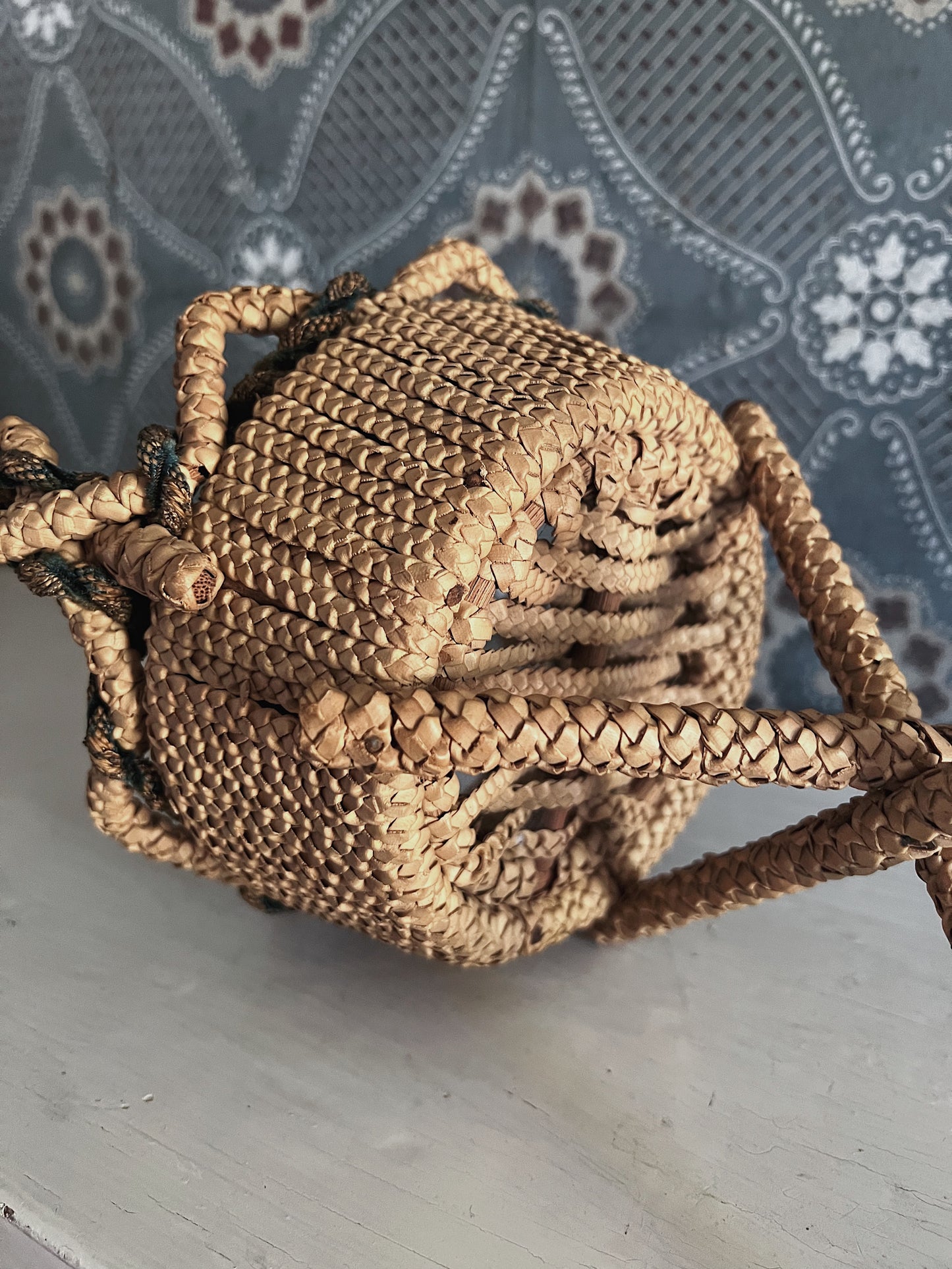 Victorian Era Handwoven Folk Art Yarn Basket