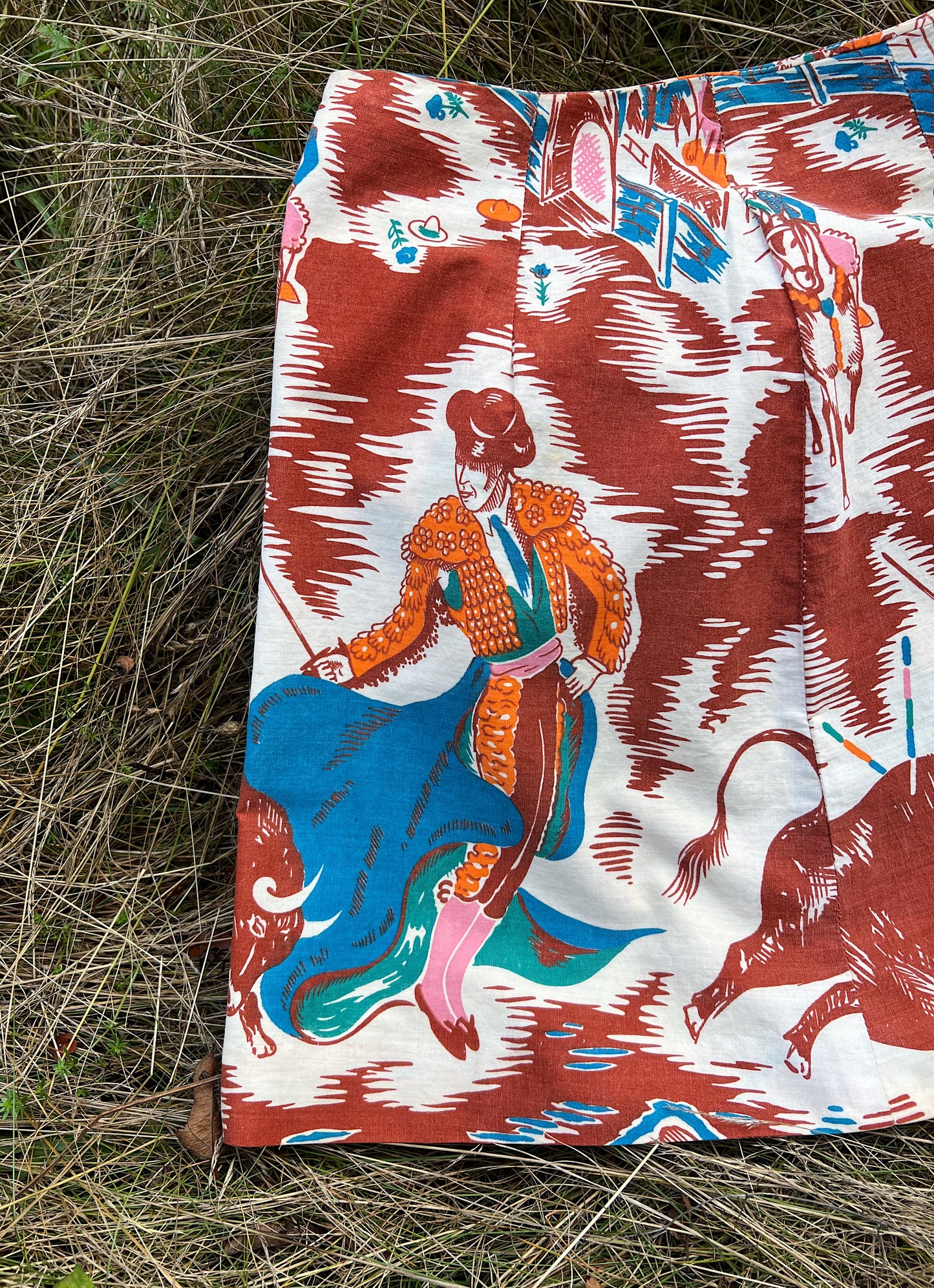 Novelty Print Cotton Mini Skirt With Bull Fighting Scene