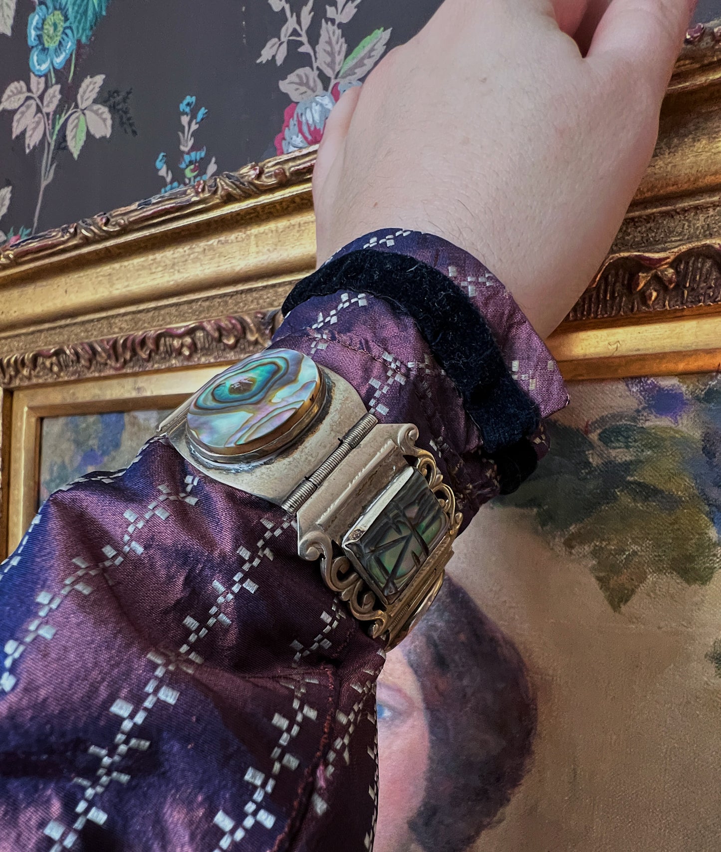 1950s Taxco Sterling Silver Carved Abalone Panel Bracelet