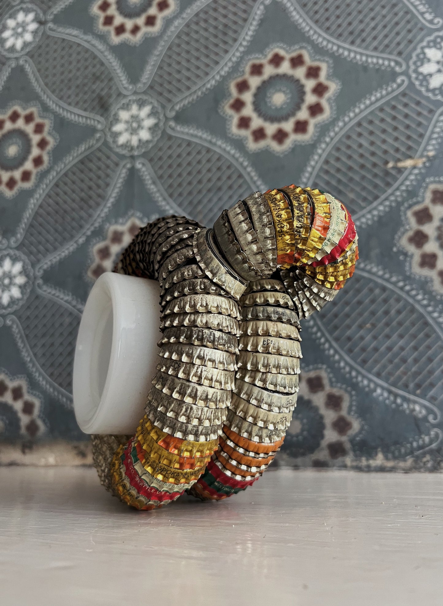 Folk Art Bottle Cap Handled Vessel