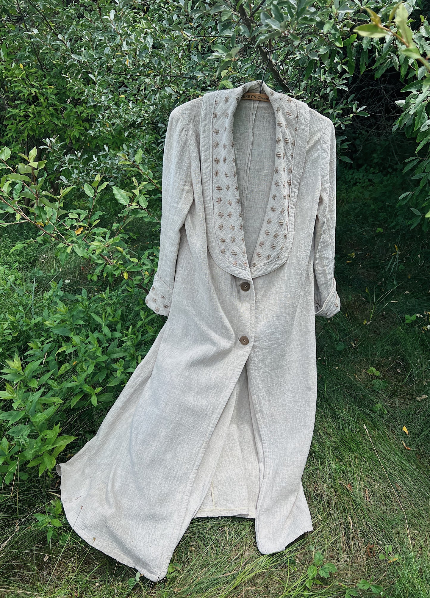 1910s Flax Linen Motoring Duster With Shawl Collar