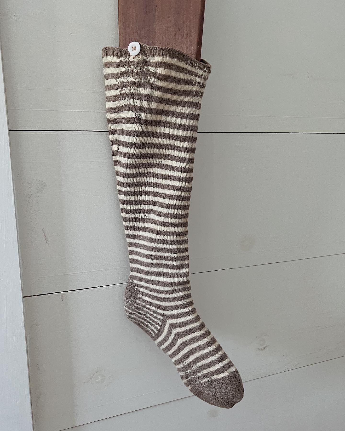 Antique Striped Natural Wool Stockings With Original Mends